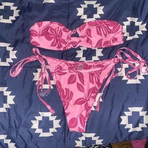 SHEIN Two-Tone Pink Patterned Bandeau Bikini Set